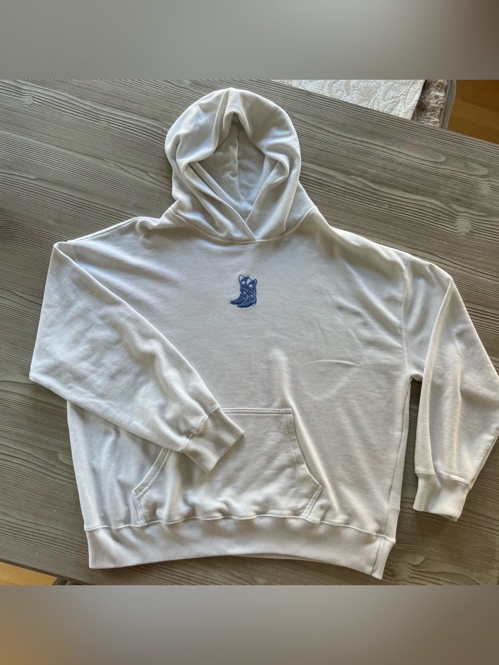 Hollister White Hoodie with Blue Cowboy Boots Embroidery